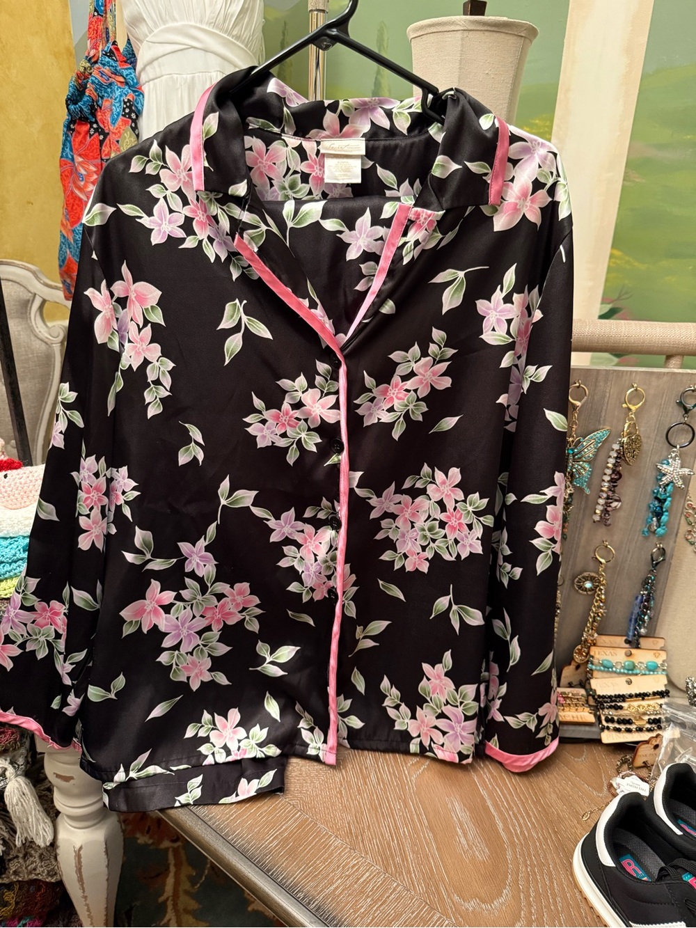 Secret Treasures Black Floral Satin Pajama Top with Pink Trim